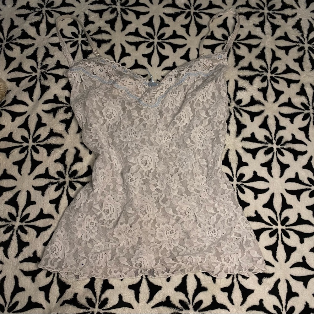 White and light blue laced top